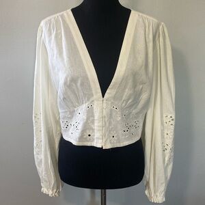 House of Harlow 1960 Linen Blend Eyelet Lace Blouse Boho Sz L NEW